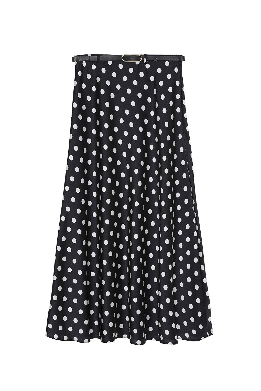 Belted Waist Polka Dot Satin Skirt Black