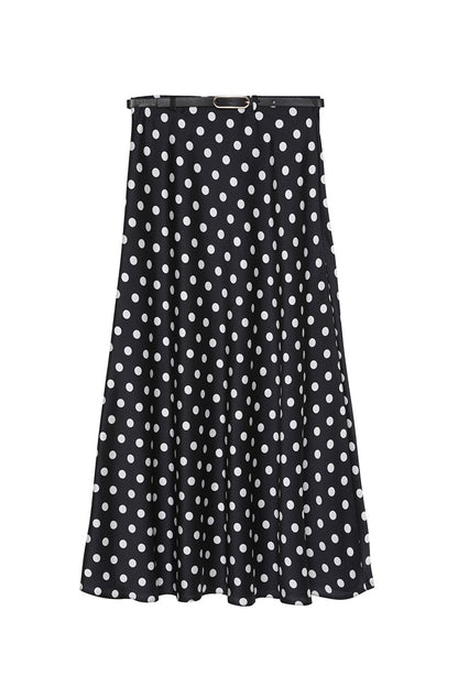 Belted Waist Polka Dot Satin Skirt Black