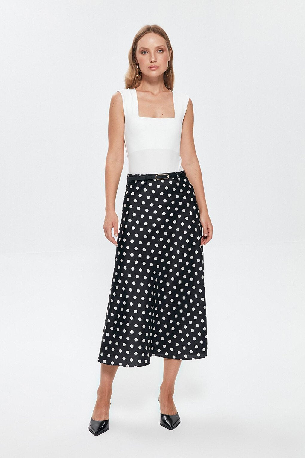 Belted Waist Polka Dot Satin Skirt Black