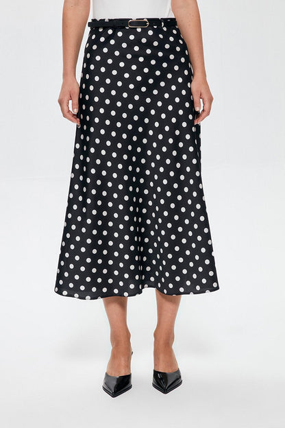 Belted Waist Polka Dot Satin Skirt Black