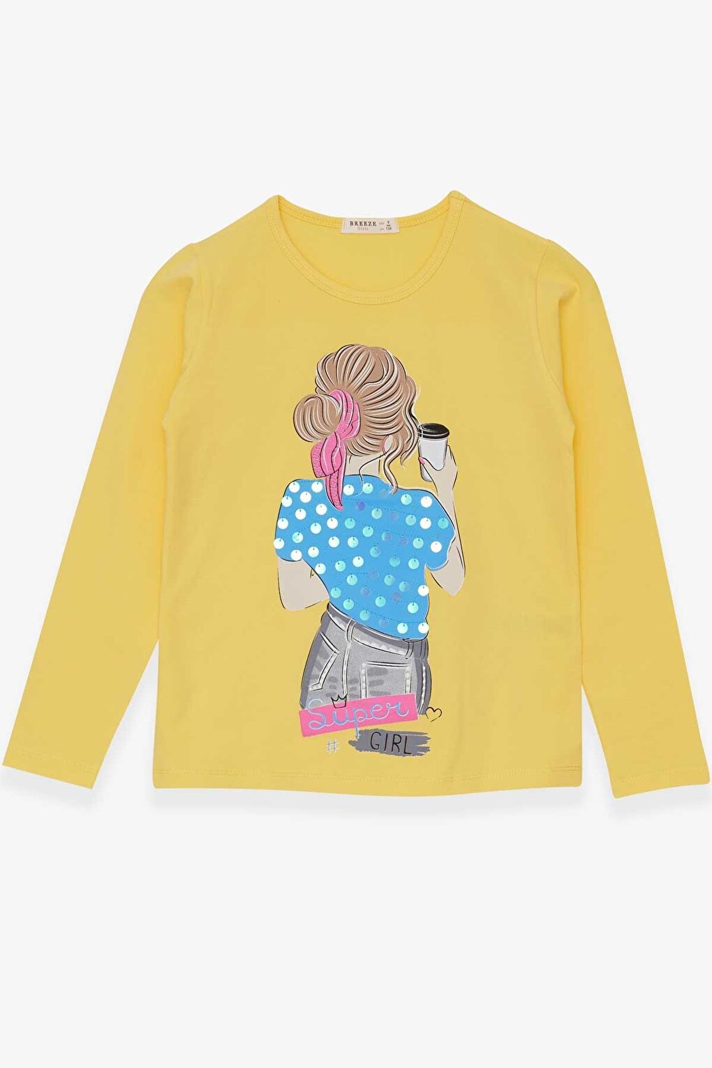 Girl's T-Shirt Sequined Girl Printed Yellow (Age 9-14)