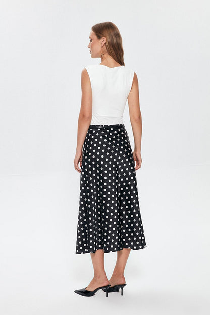 Belted Waist Polka Dot Satin Skirt Black