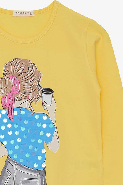 Girl's T-Shirt Sequined Girl Printed Yellow (Age 9-14)