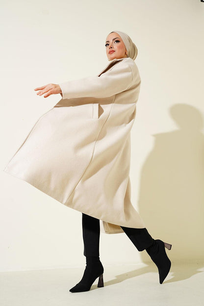 Cream Oversize Wide Cut Wool Long Cuff Coat 9113