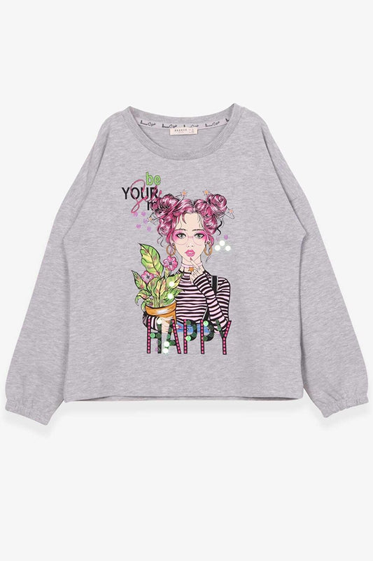 Girl's Long Sleeve T-Shirt Portrait Girl Printed Gray Melange (Age 10-14)