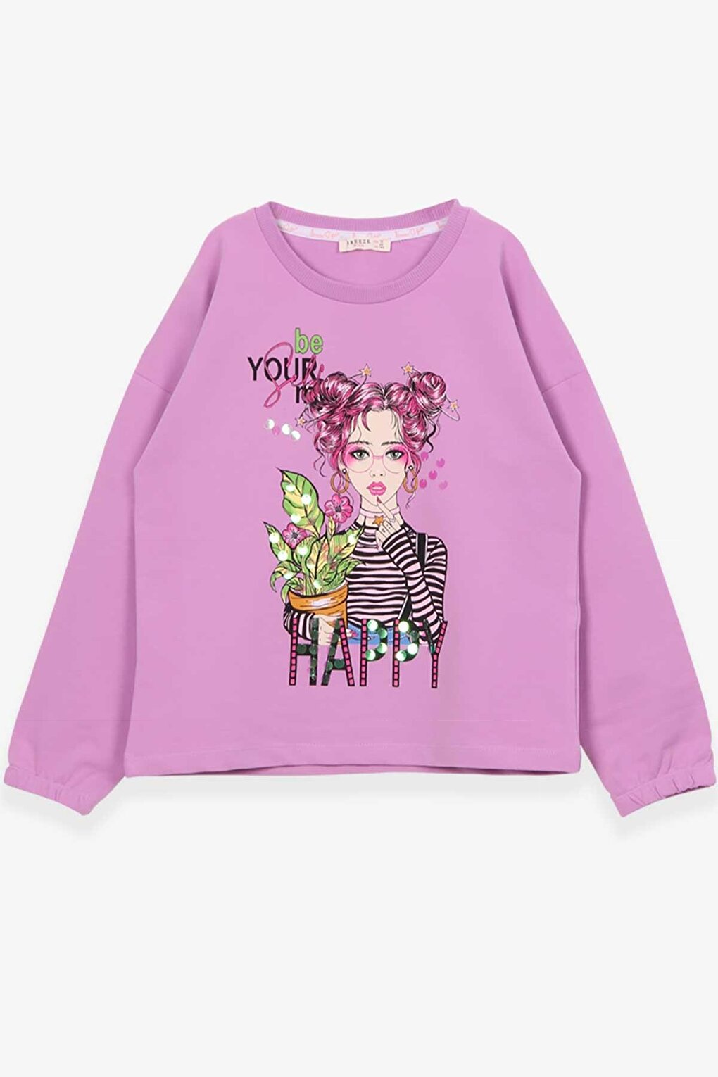 Girl's Long Sleeve T-Shirt Portrait Girl Printed Purple (Age 10-14)