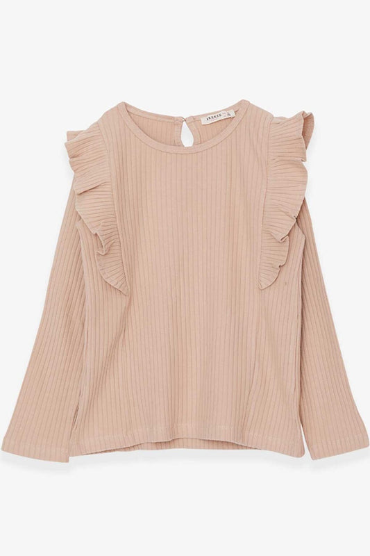 Girl's Long Sleeve Blouse Ruffle Shoulder Beige (6-12 Years)