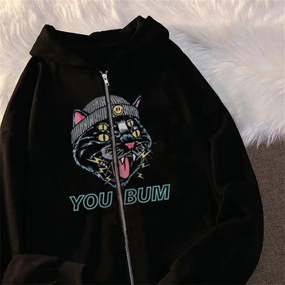 You Bum Cat Printed Oversize Zippered Black Unisex Hooded Cardigan