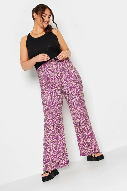 Plus Size Wide Leg Patterned Lycra Trousers with Elastic Waist 302401