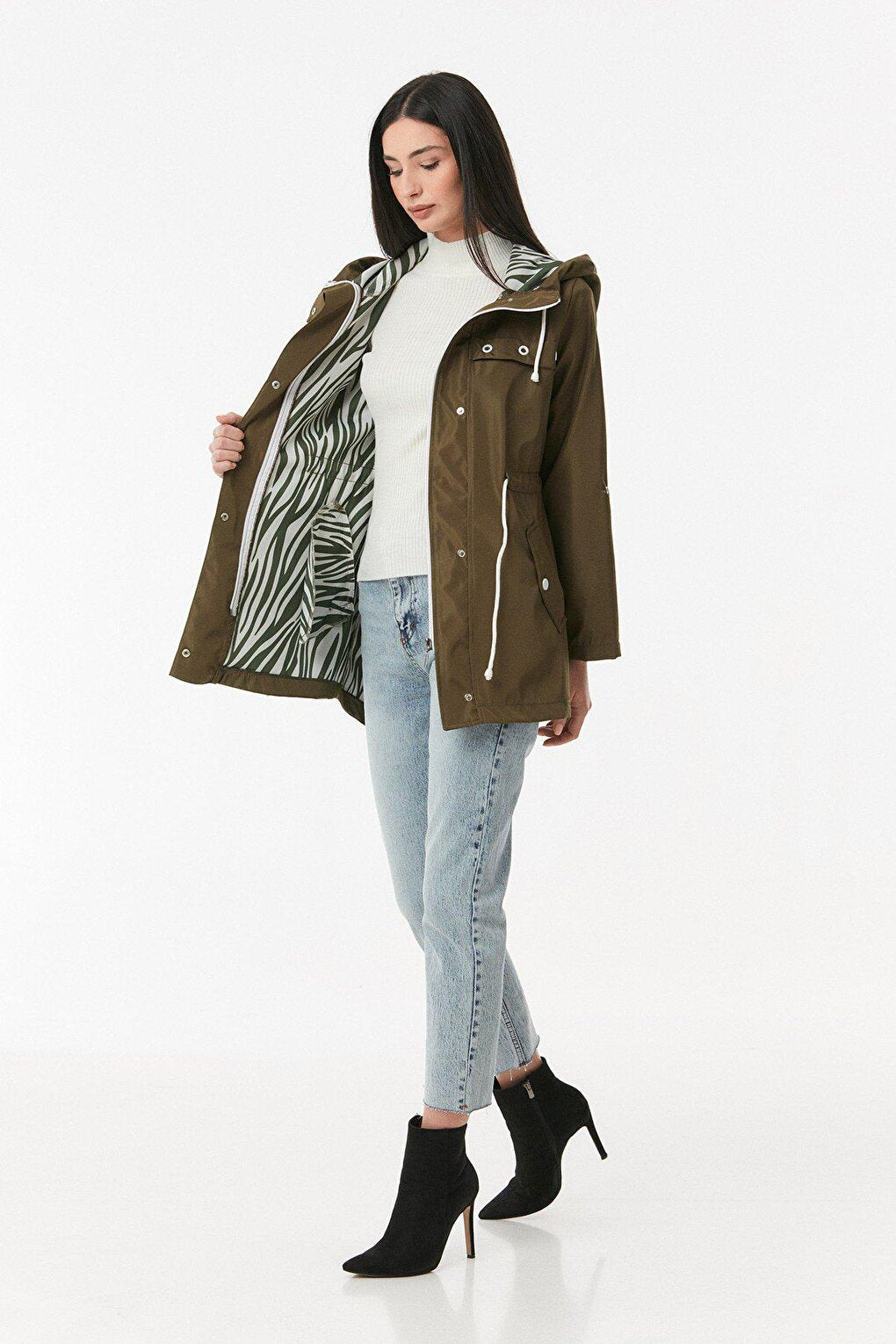 Hooded Trench Coat with Folded Sleeves