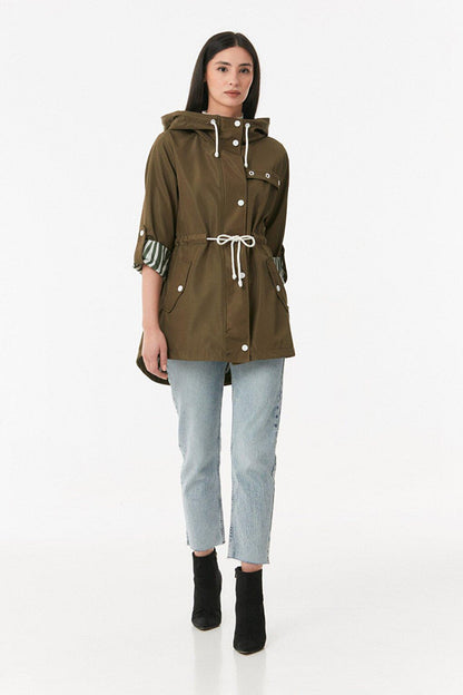 Hooded Trench Coat with Folded Sleeves