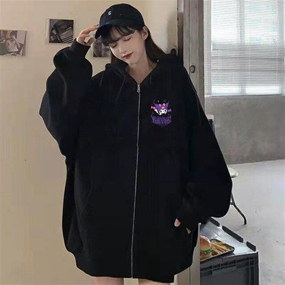 Kuromi Printed Oversize Zippered Black Unisex Hooded Cardigan