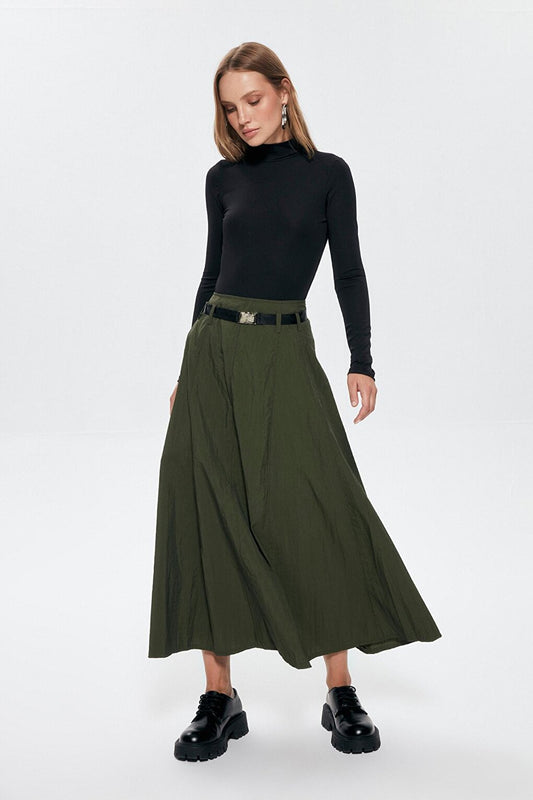 Waist Belted Technical Fabric Skirt Khaki