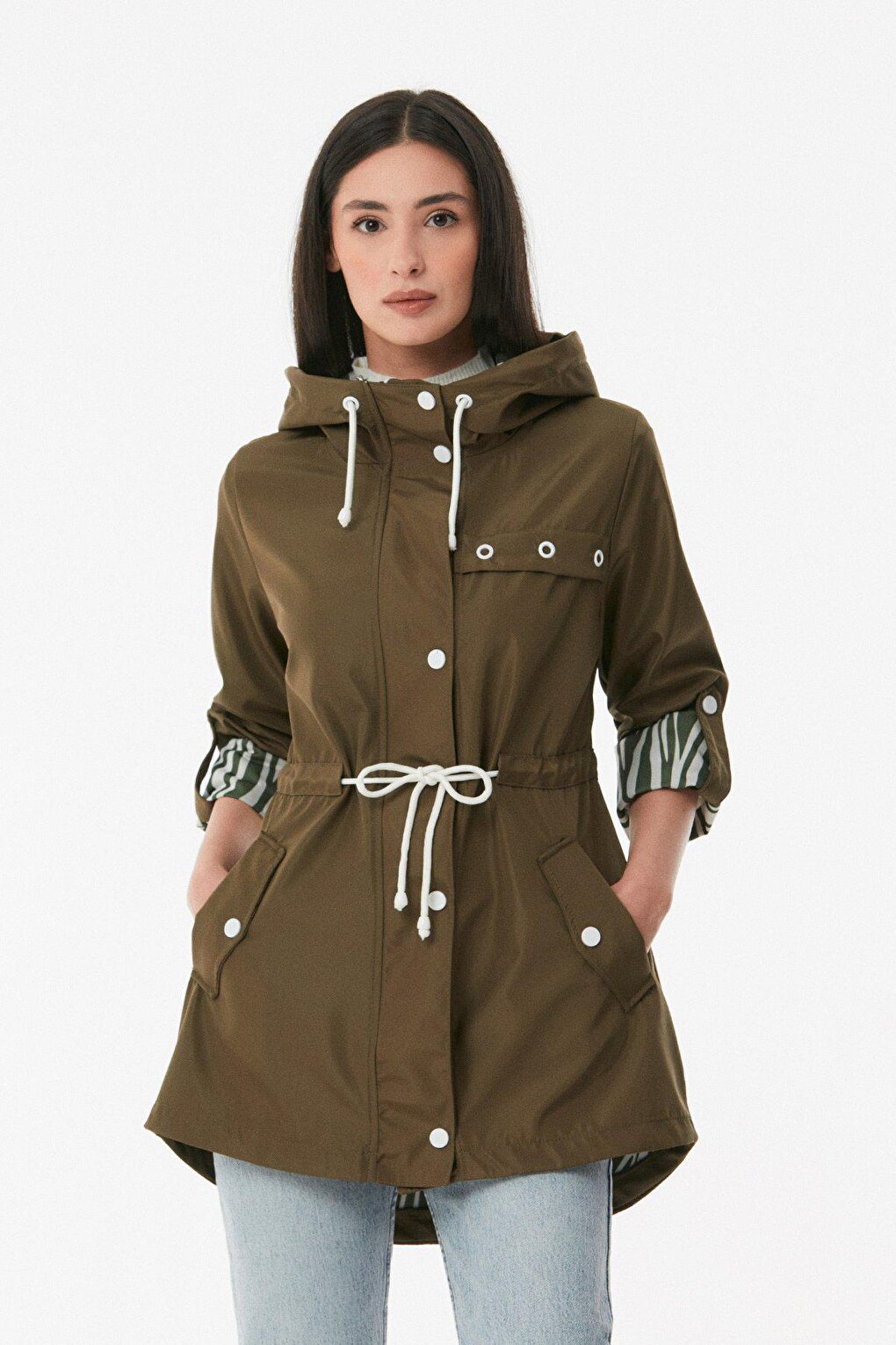 Hooded Trench Coat with Folded Sleeves