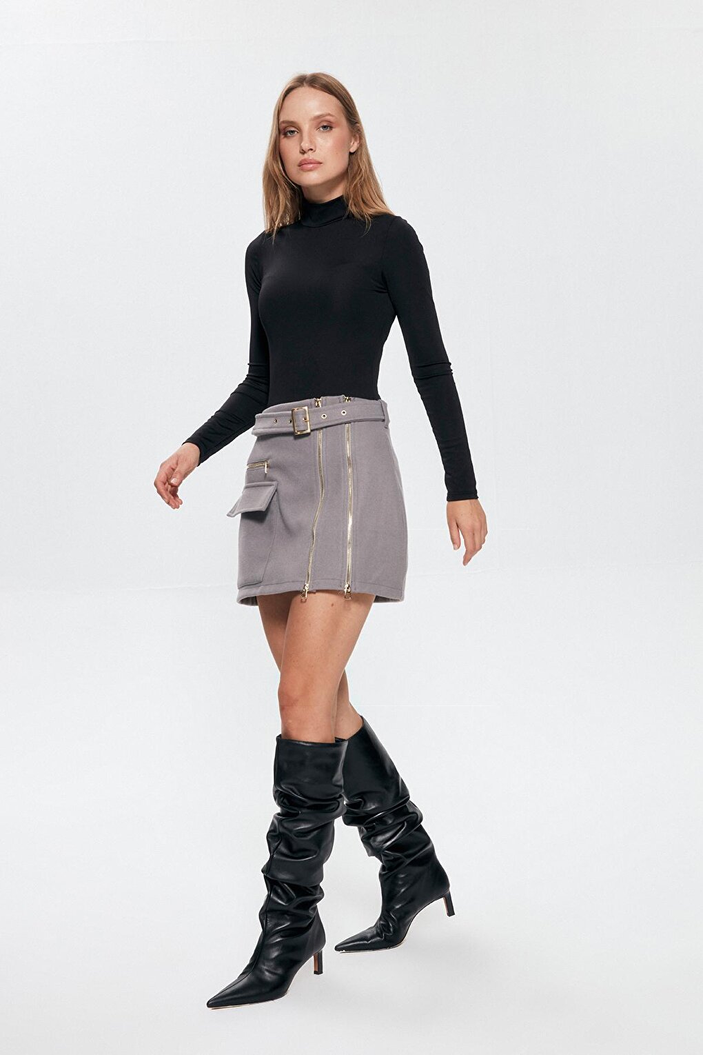 Zipper Detailed Stash Mini Skirt Gray