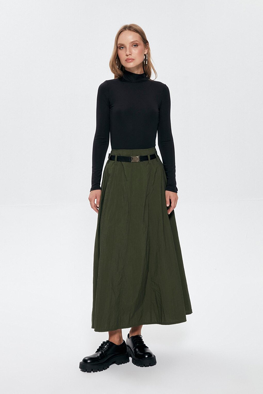 Waist Belted Technical Fabric Skirt Khaki