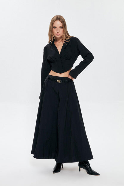 Belted Waist Technical Fabric Skirt Black