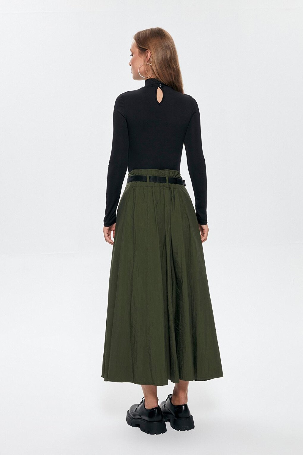 Waist Belted Technical Fabric Skirt Khaki