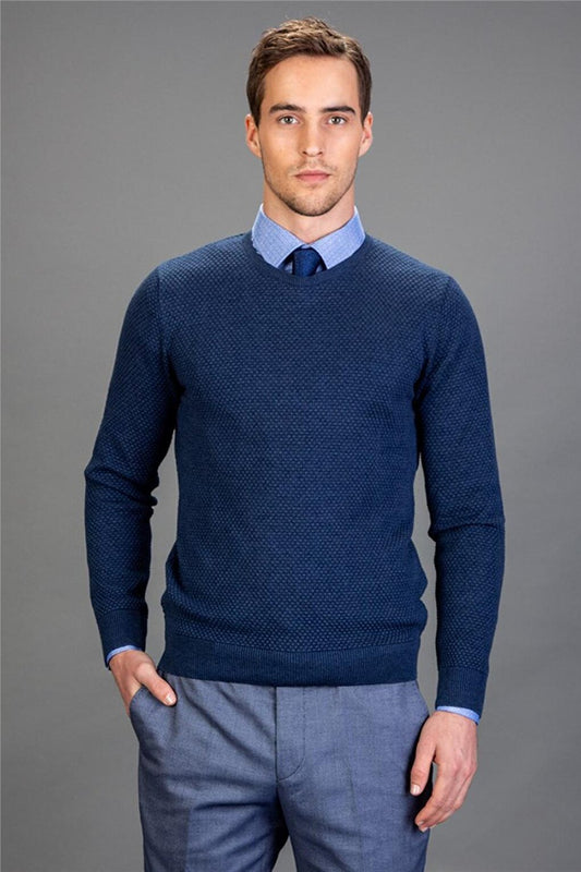 Slim Fit Crew Neck Honeycomb Patterned Men's Indigo Sweater