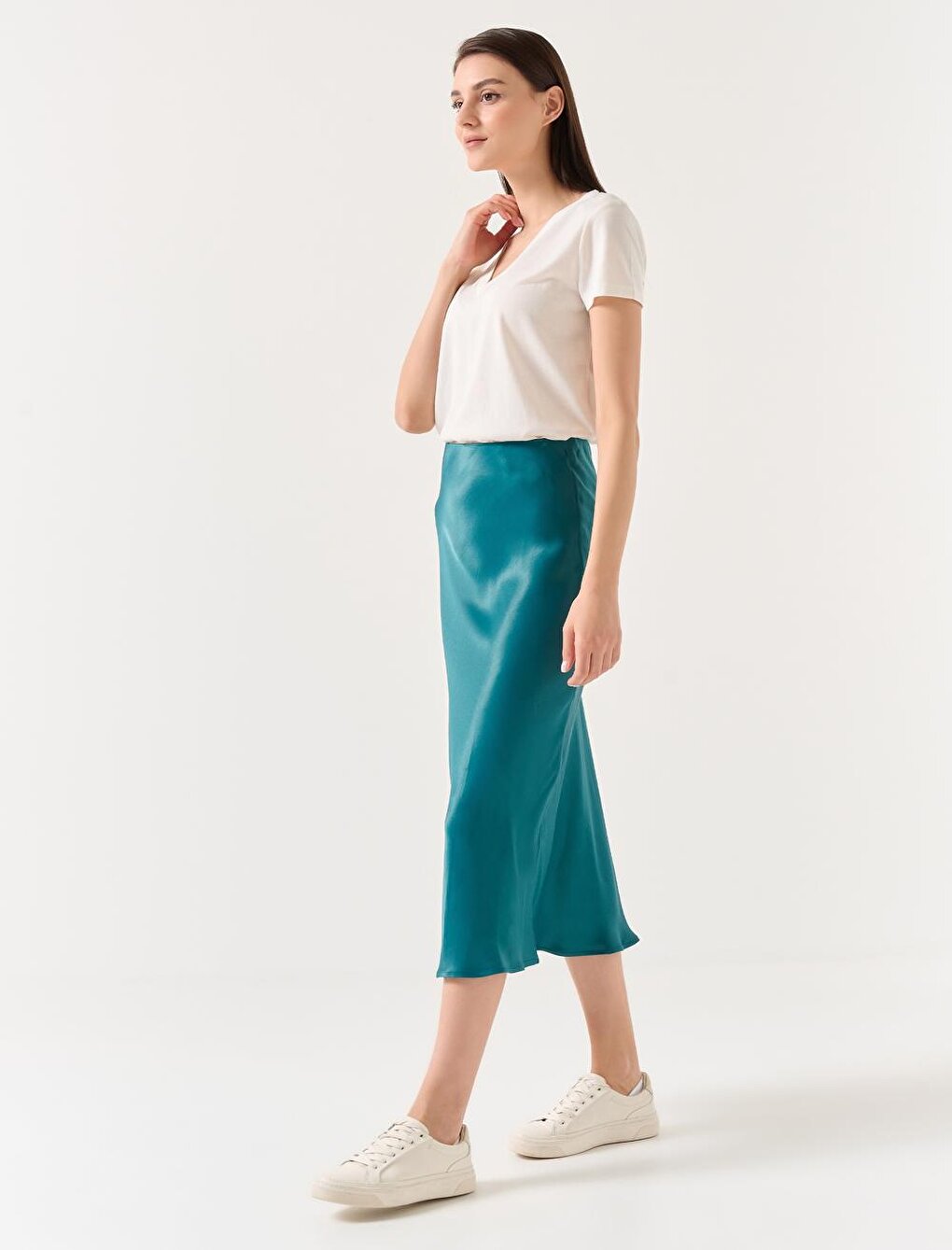 Dark Petrol Straight Cut High Waist Midi Satin Skirt