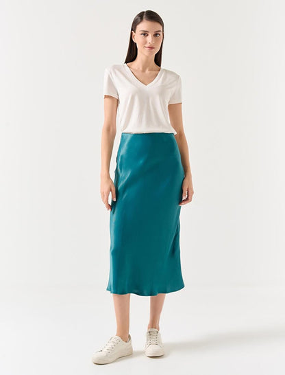 Dark Petrol Straight Cut High Waist Midi Satin Skirt