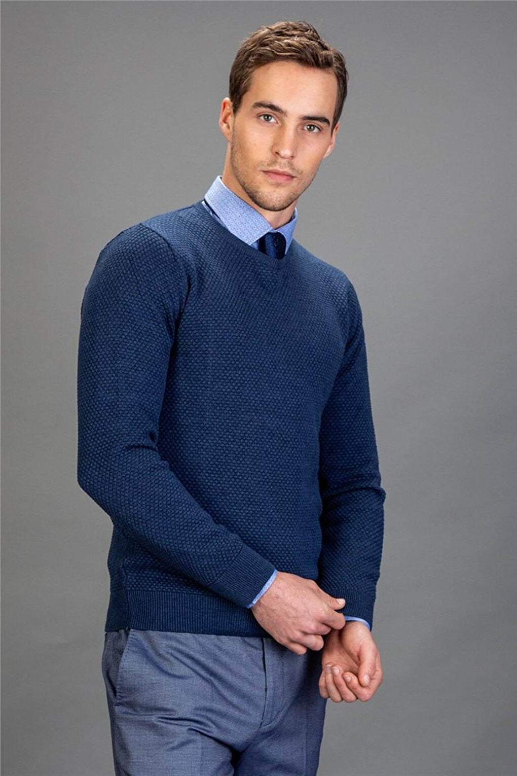 Slim Fit Crew Neck Honeycomb Patterned Men's Indigo Sweater