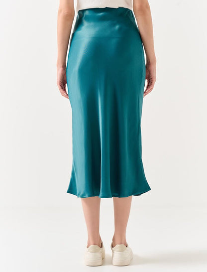 Dark Petrol Straight Cut High Waist Midi Satin Skirt