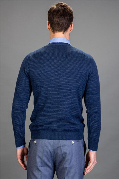 Slim Fit Crew Neck Honeycomb Patterned Men's Indigo Sweater