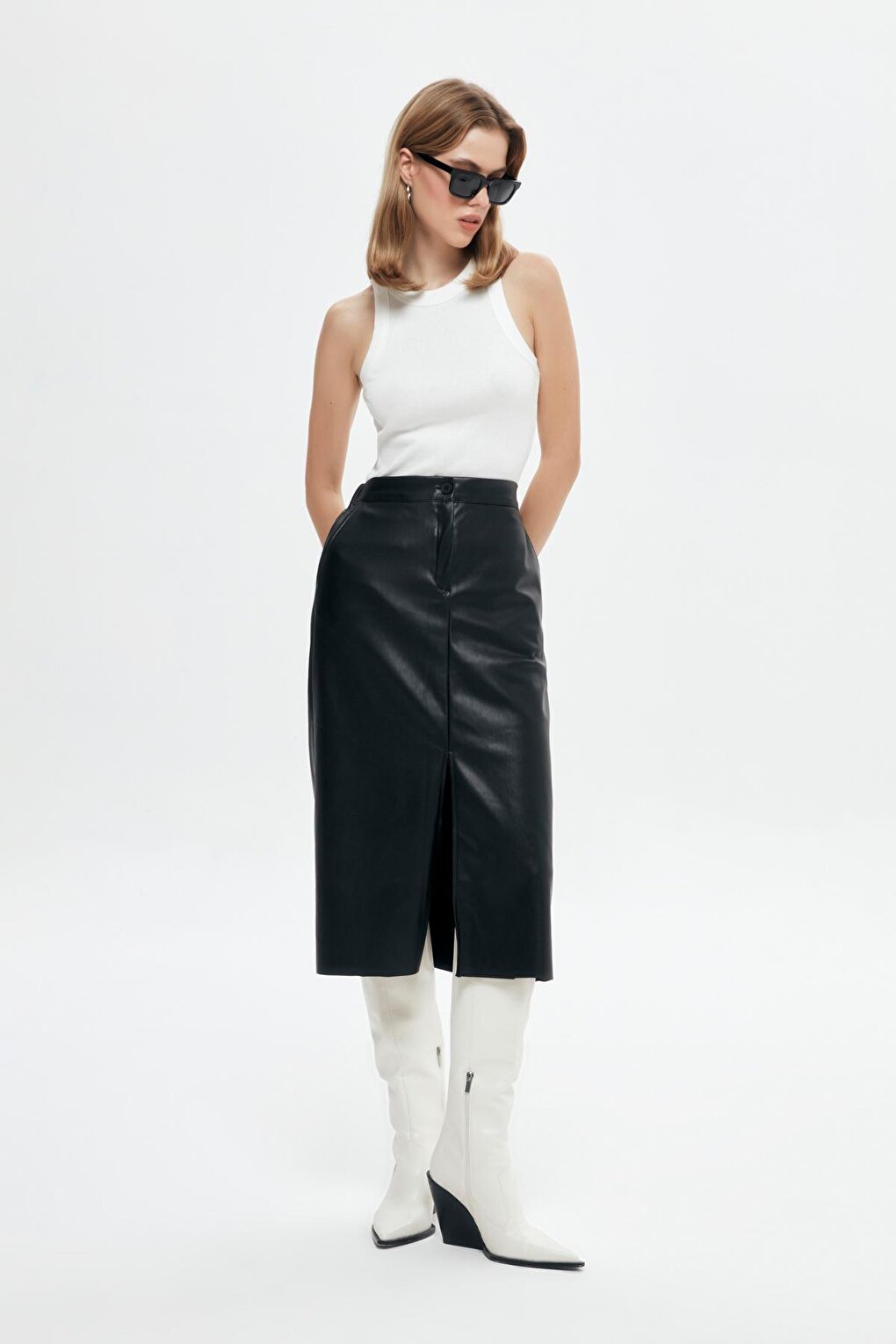 Front Slit Midi Leather Skirt Black