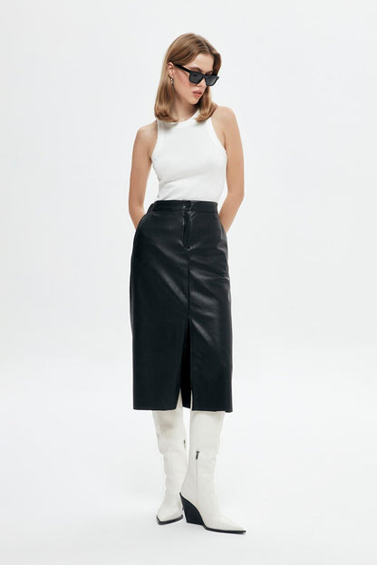 Front Slit Midi Leather Skirt Black