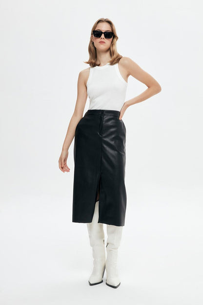 Front Slit Midi Leather Skirt Black