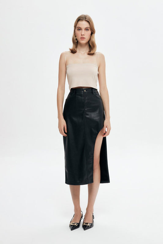 Slit Detailed Leather Midi Skirt Black