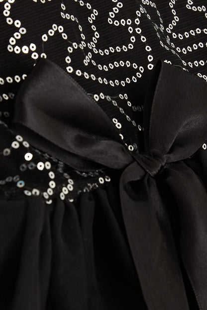 Girl's Dress, Bow Sequined Tulle Black (Age 5-10)