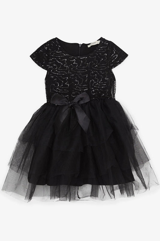 Girl's Dress, Bow Sequined Tulle Black (Age 5-10)