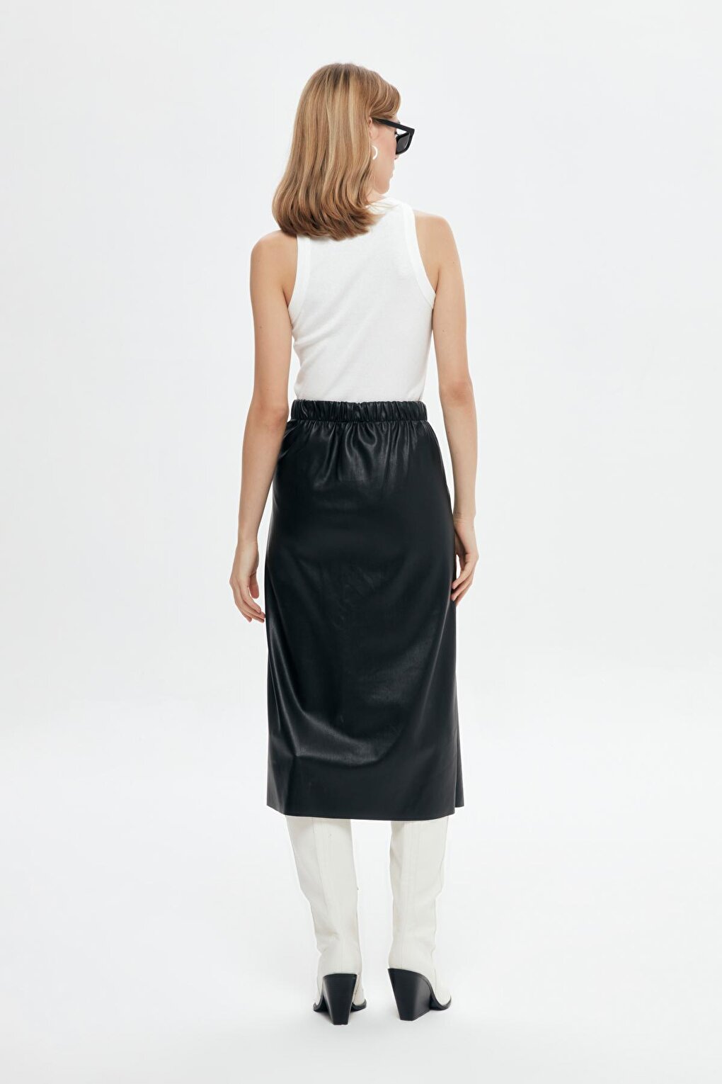 Front Slit Midi Leather Skirt Black