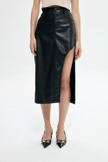 Slit Detailed Leather Midi Skirt Black