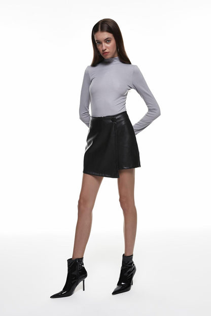 Wrap Leather Mini Shorts Skirt Black