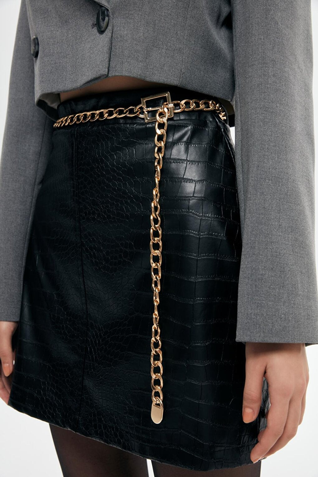 Leather Mini Skirt with Chain Belt Accessory Black