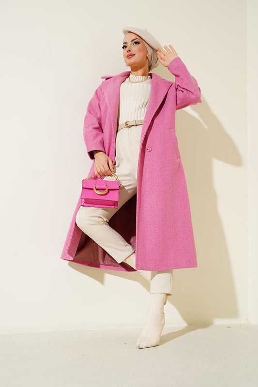 Fuchsia Oversize Wide Cut Woolen Long Cashmere Coat 9113