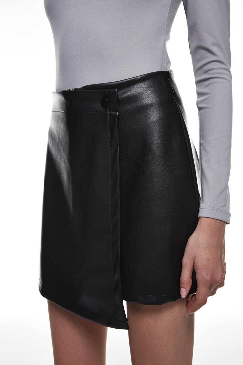 Wrap Leather Mini Shorts Skirt Black