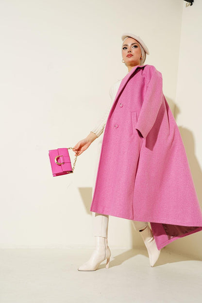 Fuchsia Oversize Wide Cut Woolen Long Cashmere Coat 9113