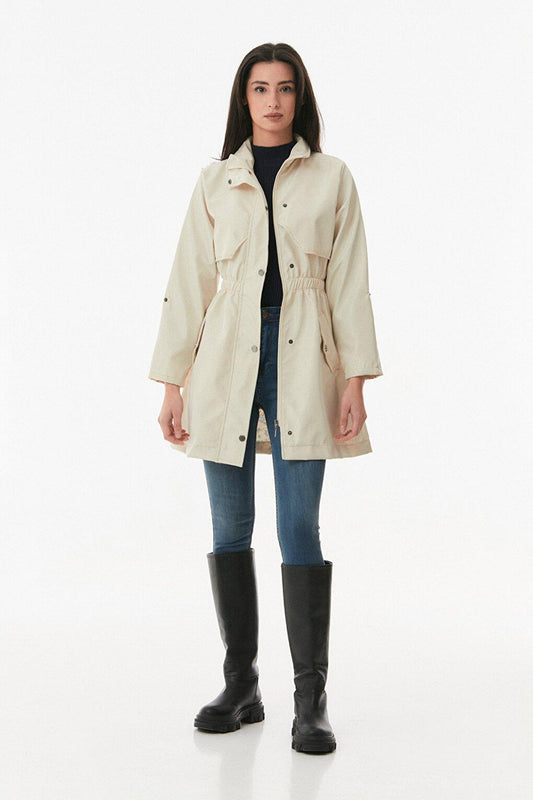 Trench Coat with Folded Sleeves and Elastic Waist