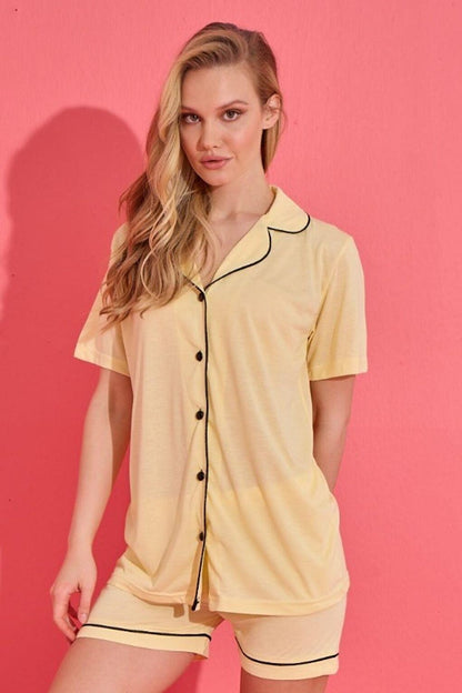 Yellow Buttoned Viscose Women's Shorts Pajama Set