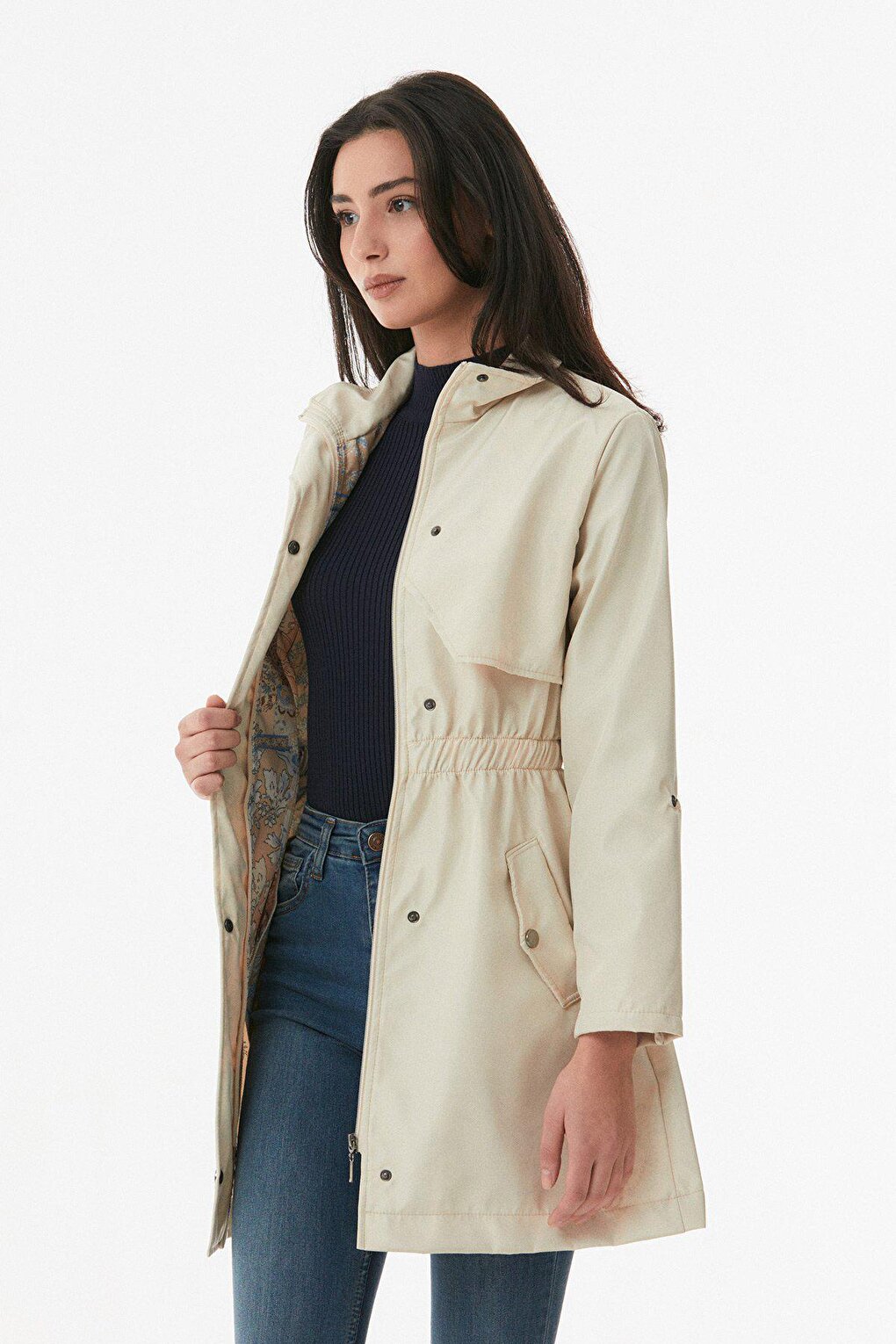 Trench Coat with Folded Sleeves and Elastic Waist