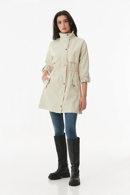 Trench Coat with Folded Sleeves and Elastic Waist