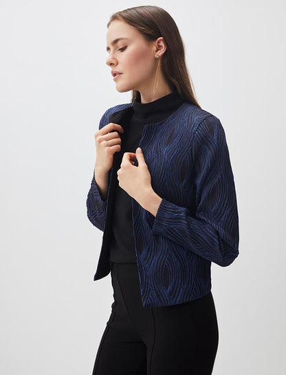 Dark Blue Slim Fit Open Collar Woven Jacket