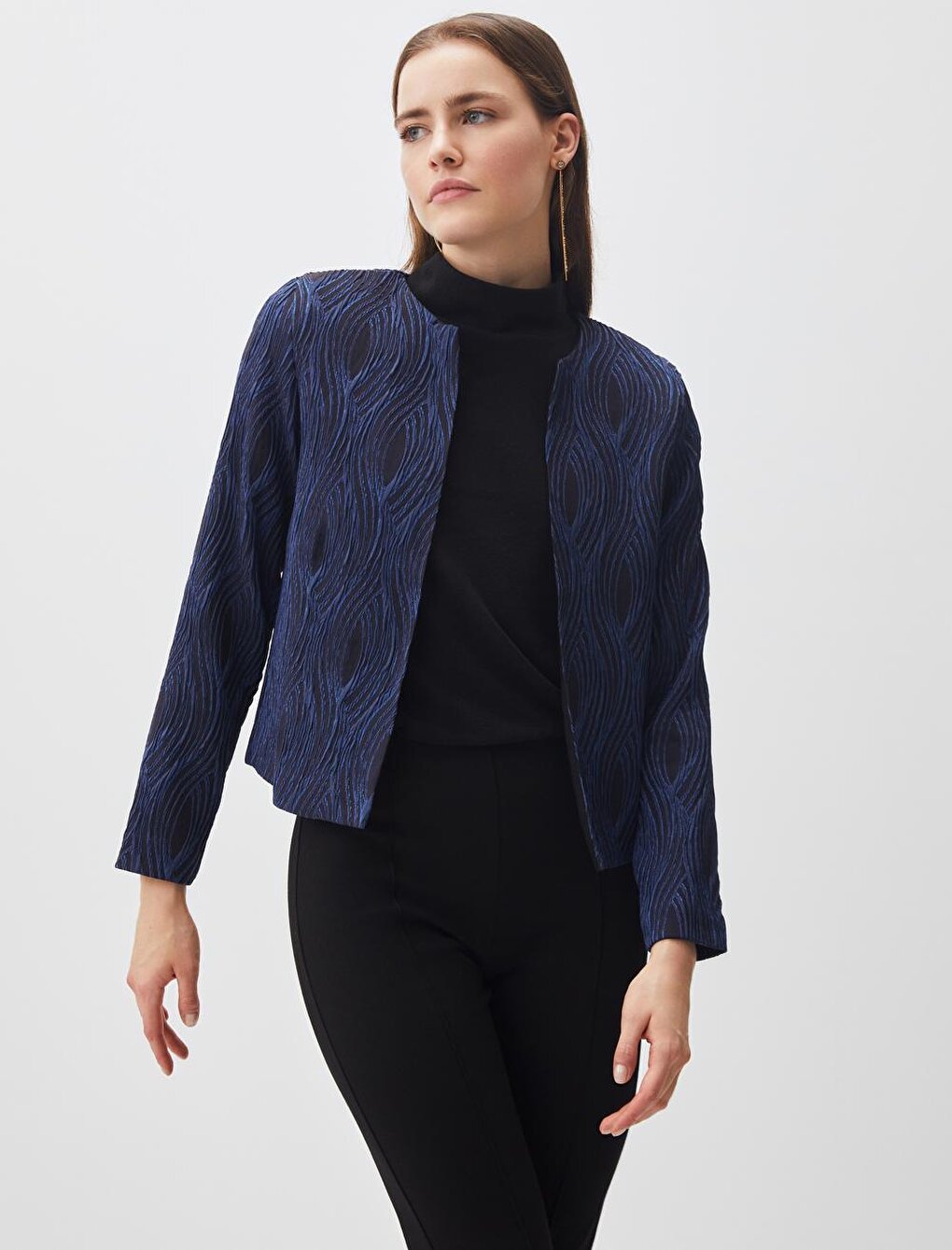 Dark Blue Slim Fit Open Collar Woven Jacket