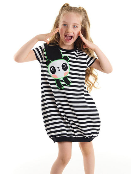 Striped Panda Girl's Black and White Dress