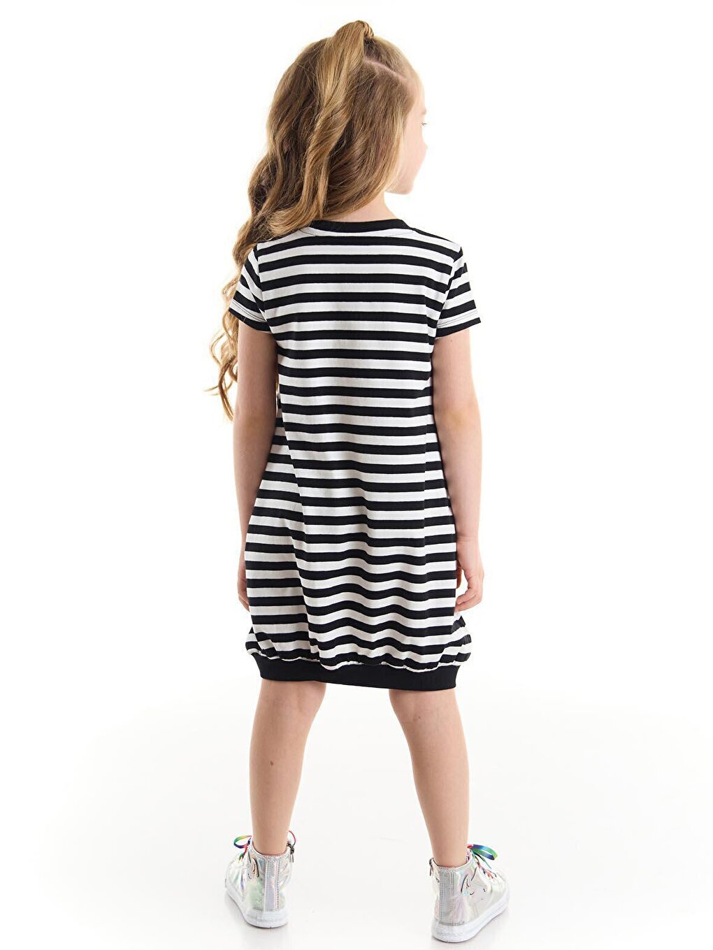 Striped Panda Girl's Black and White Dress