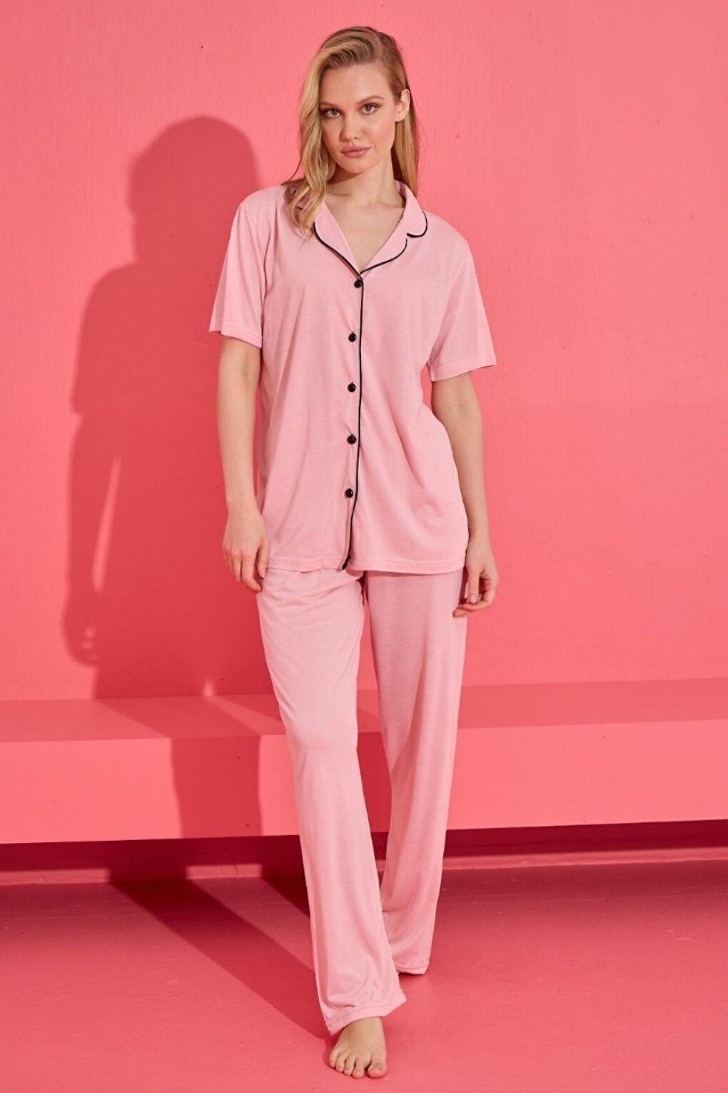 Pink Buttoned Viscose Fabric Women's Pajama Set